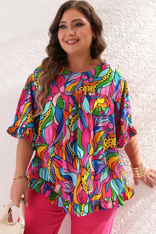 Abstract print plus size frilly trim blouse - blouses