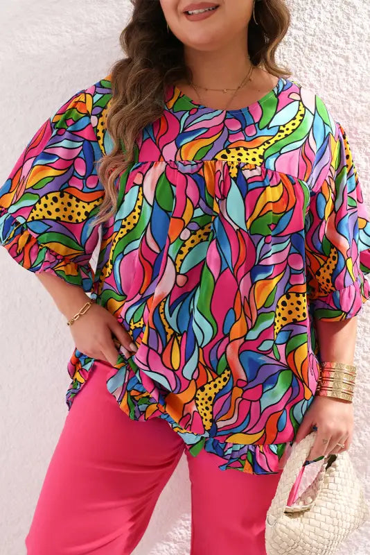 Abstract print plus size frilly trim blouse - blouses