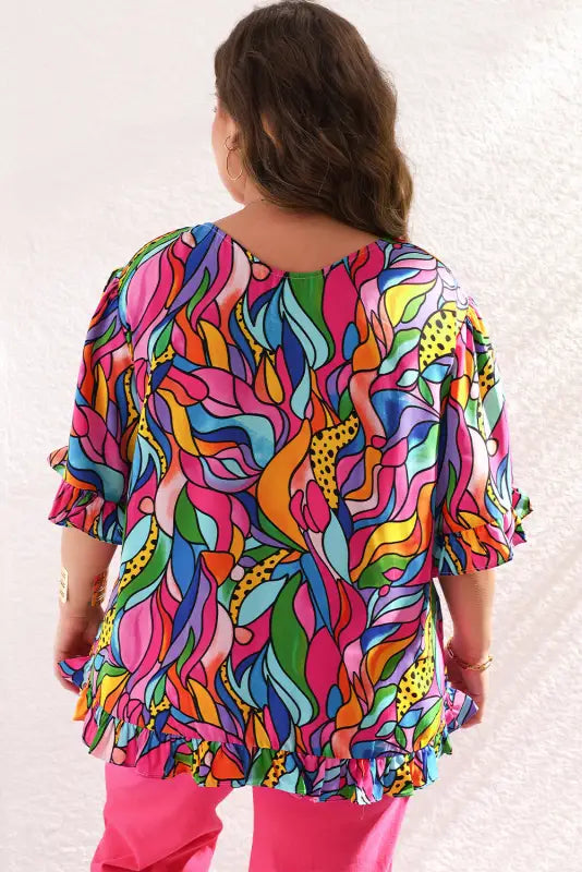 Abstract print plus size frilly trim blouse - blouses