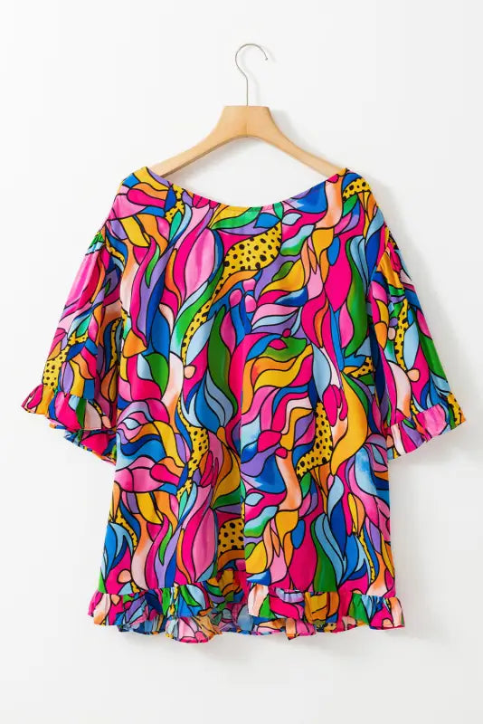 Abstract print plus size frilly trim blouse - blouses