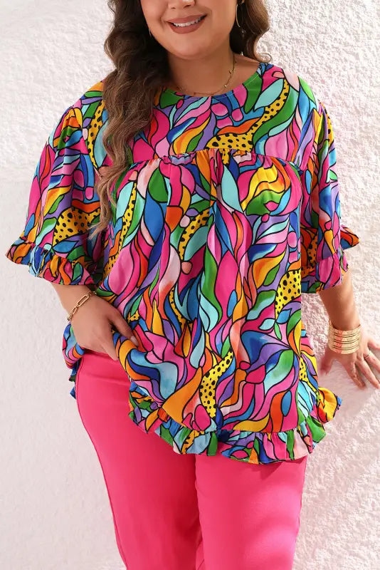 Abstract print plus size frilly trim blouse - blouses