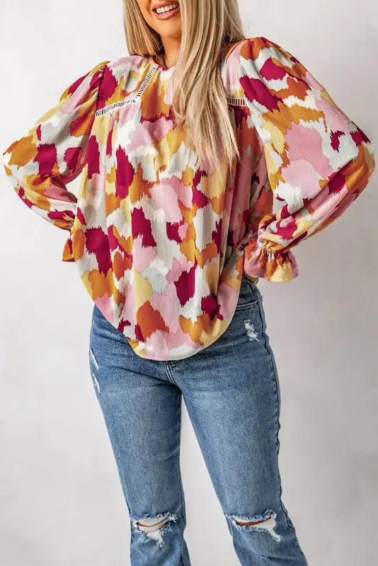 Abstract printed long sleeve blouse - blouses