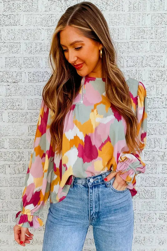 Abstract printed long sleeve blouse - blouses