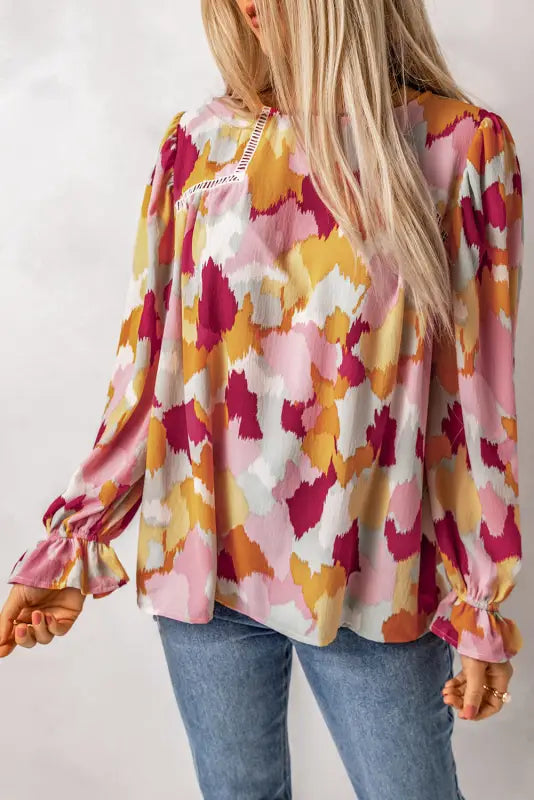 Abstract printed long sleeve blouse - multicolor / s / 95% polyester + 5% elastane - blouses