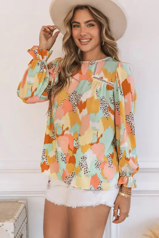 Abstract printed long sleeve blouse - blouses