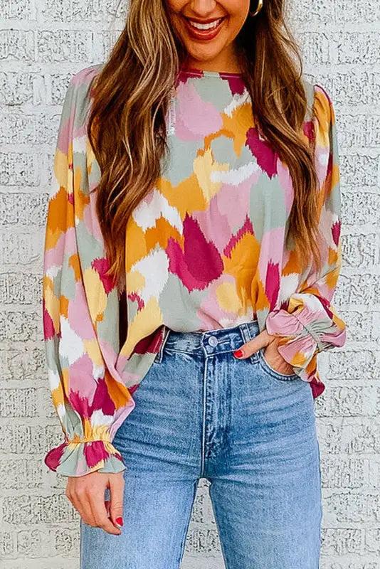 Abstract printed long sleeve blouse - blouses