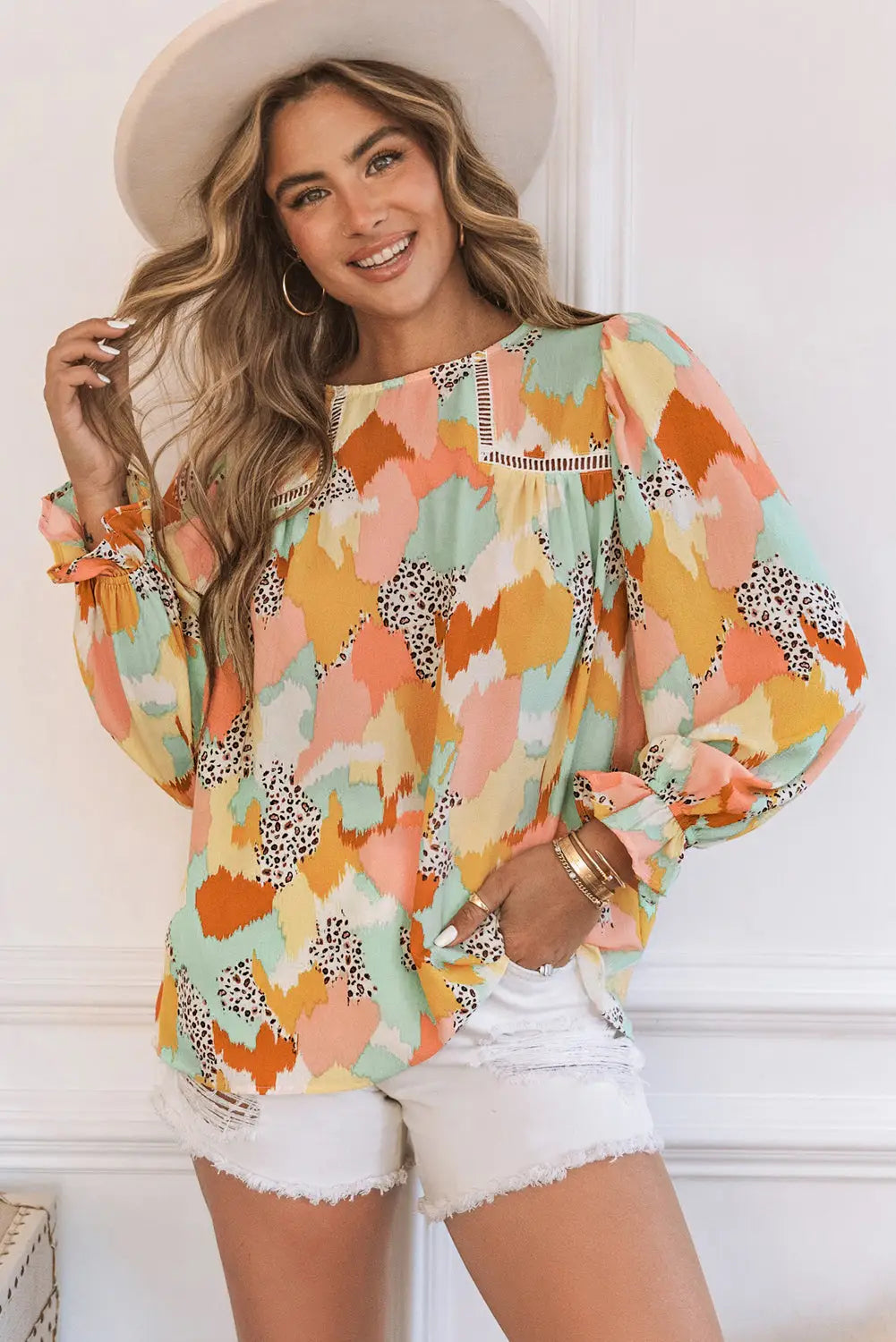 Abstract printed long sleeve blouse - multicolor-2 / s / 95% polyester + 5% elastane - tops