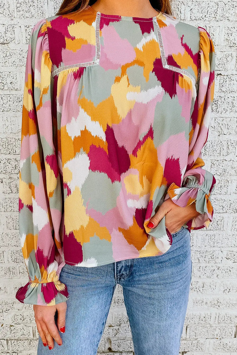 Abstract printed long sleeve blouse - tops