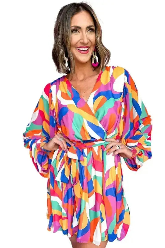Abstract Puff Sleeve Mini Dress - Fashionfitz