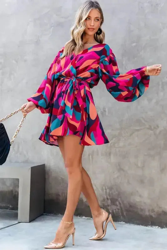 Abstract Puff Sleeve Mini Dress - Fashionfitz