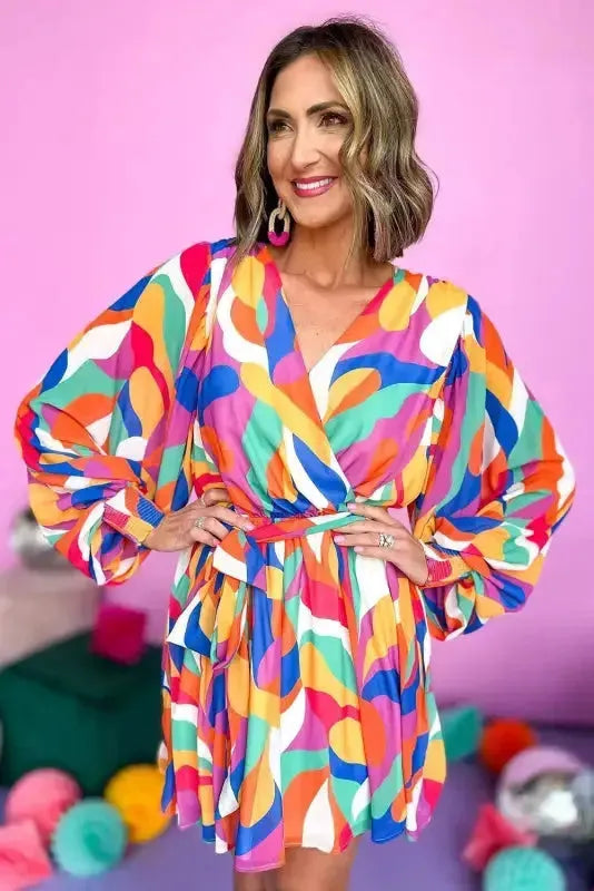 Abstract Puff Sleeve Mini Dress - Fashionfitz