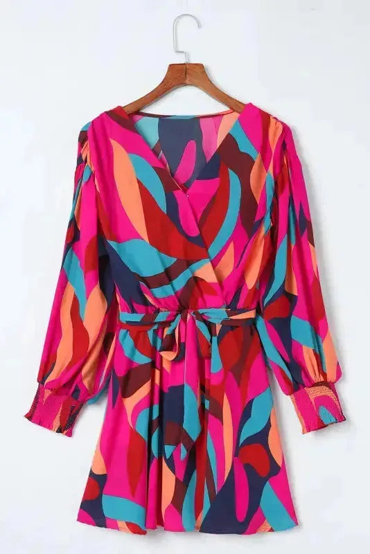 Abstract Puff Sleeve Mini Dress - Fashionfitz