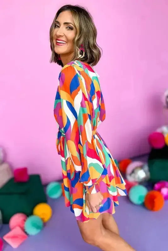 Abstract Puff Sleeve Mini Dress - Fashionfitz