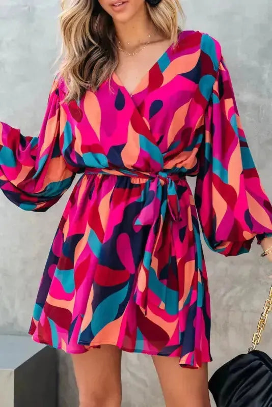 Abstract Puff Sleeve Mini Dress - Fashionfitz