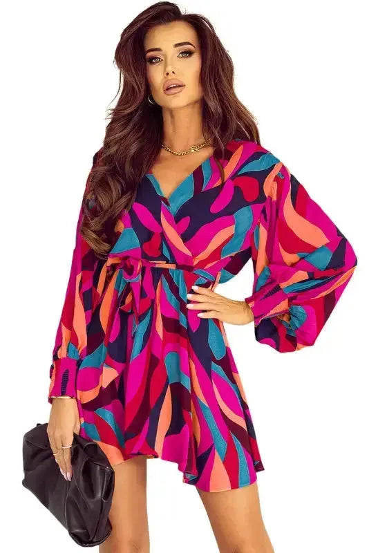 Abstract Puff Sleeve Mini Dress - Fashionfitz