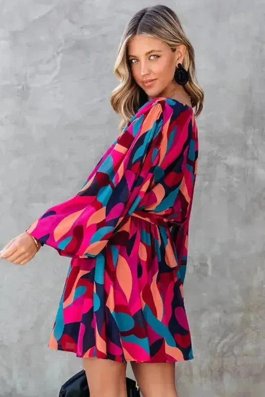 Abstract Puff Sleeve Mini Dress - Fashionfitz