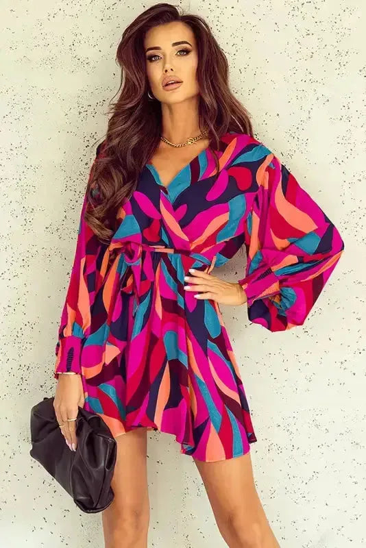Abstract Puff Sleeve Mini Dress - Fashionfitz