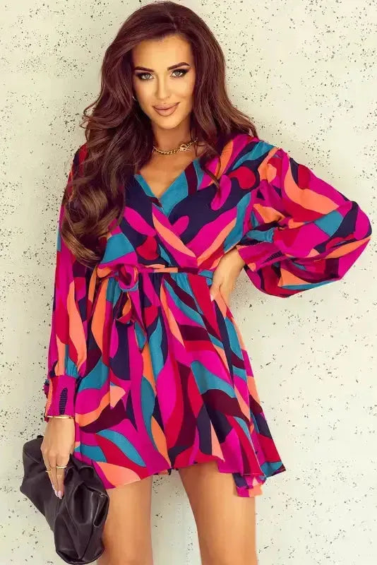 Back view of abstract print belted mini dress showing puff sleeve detail Fashionfitz UK