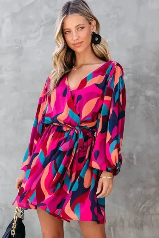 Abstract Puff Sleeve Mini Dress - Fashionfitz
