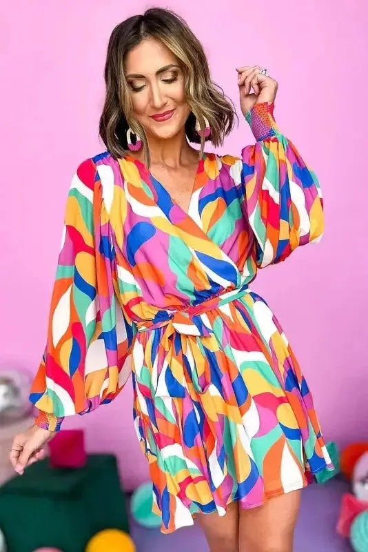 Abstract Puff Sleeve Mini Dress - Fashionfitz