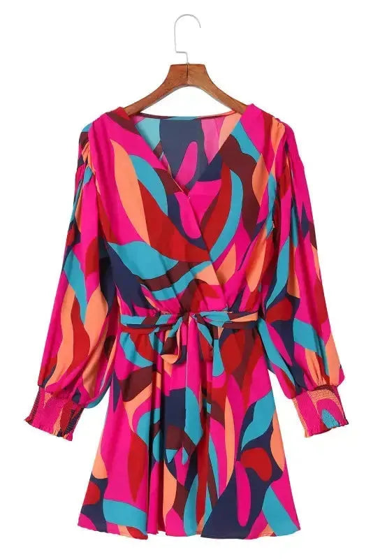 Abstract Puff Sleeve Mini Dress - Fashionfitz
