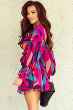 Abstract Puff Sleeve Mini Dress - Fashionfitz