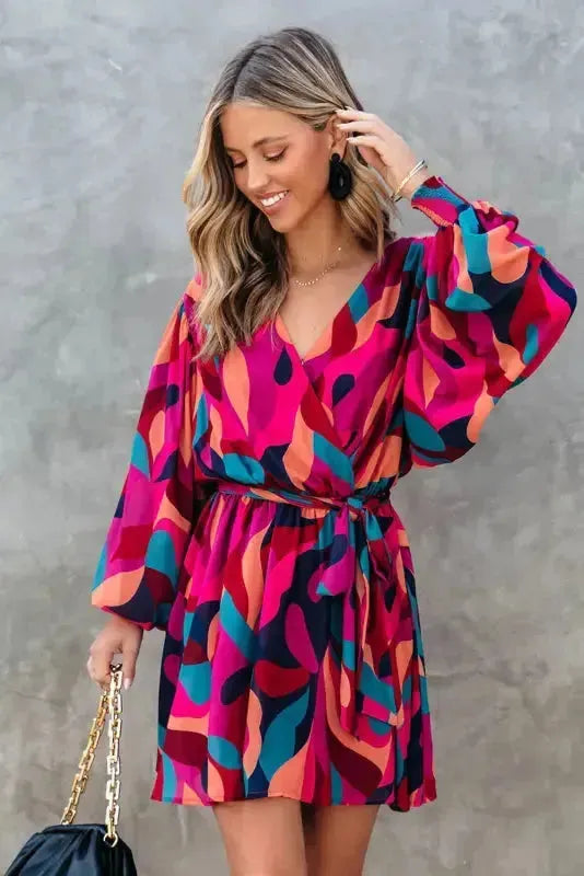 Abstract Puff Sleeve Mini Dress - Fashionfitz