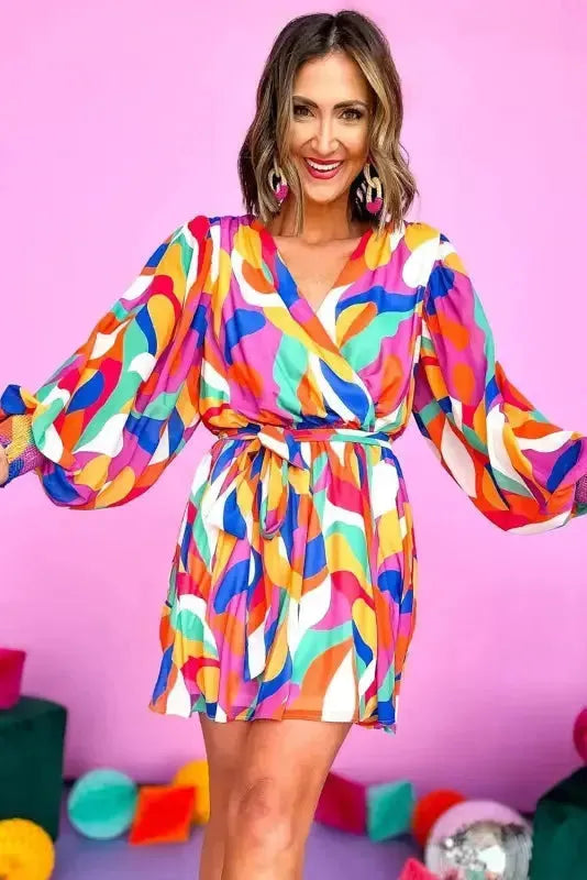 Abstract Puff Sleeve Mini Dress - Fashionfitz