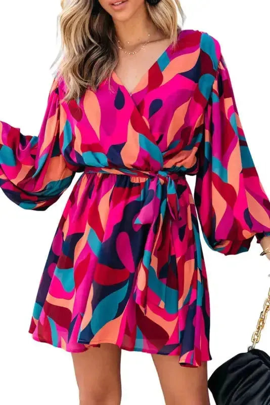 Abstract Puff Sleeve Mini Dress - Fashionfitz