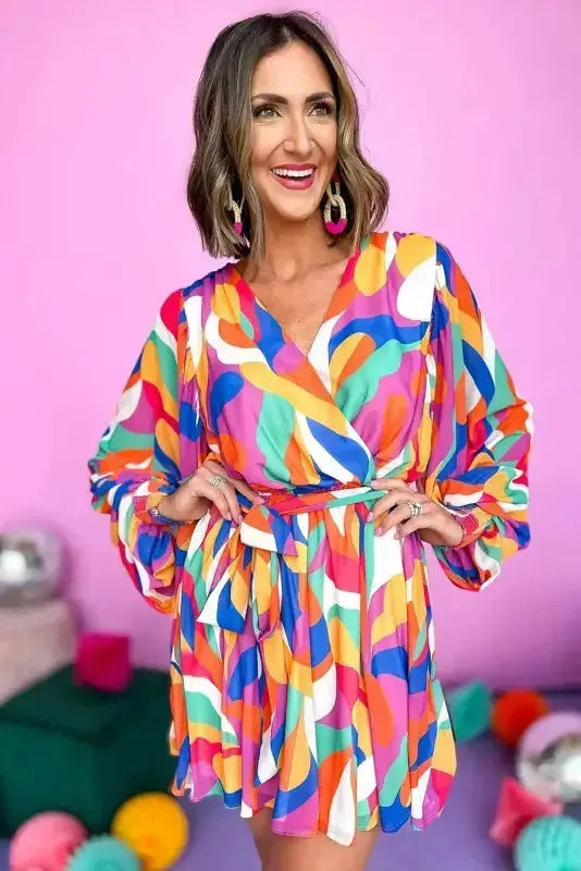 Abstract Puff Sleeve Mini Dress - Fashionfitz