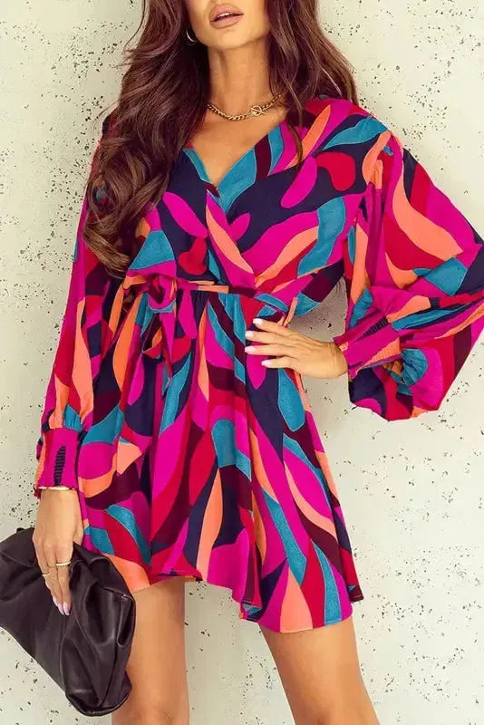 Abstract Puff Sleeve Mini Dress - Fashionfitz