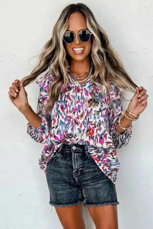 Abstract Ruffle Blouse - 3/4 Puff Sleeve - Fashionfitz