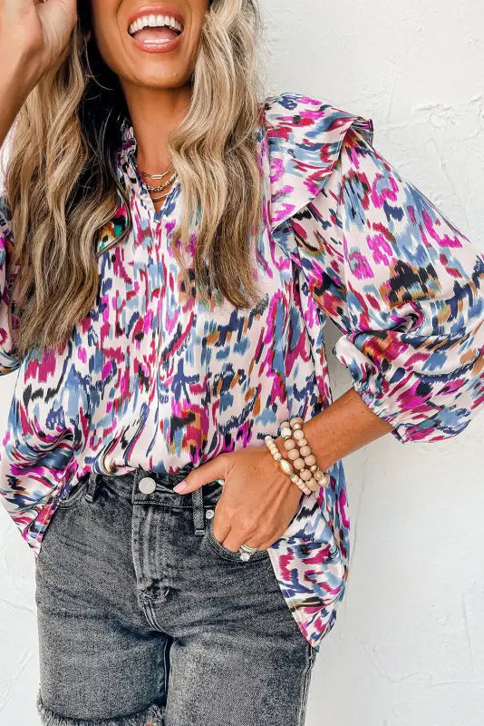 Abstract ruffle blouse - 3/4 puff sleeve - floral blouses