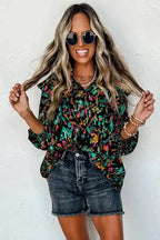 Abstract Ruffle Blouse - 3/4 Puff Sleeve - Fashionfitz