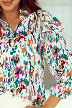 Abstract Ruffle Blouse - 3/4 Puff Sleeve - Fashionfitz