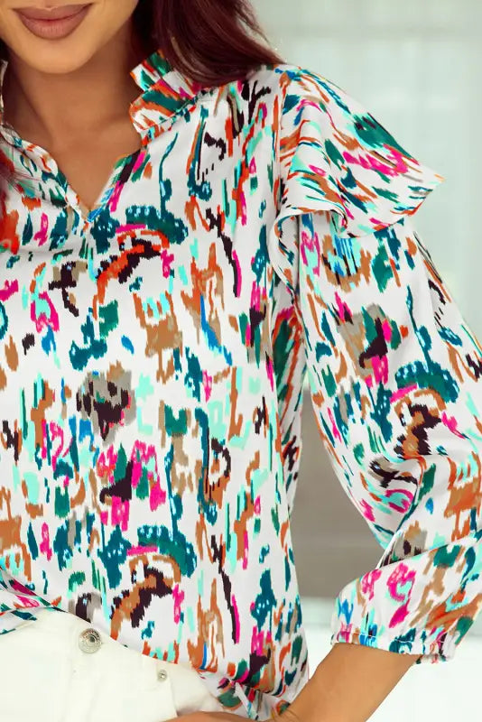 Abstract ruffle blouse - 3/4 puff sleeve - floral blouses