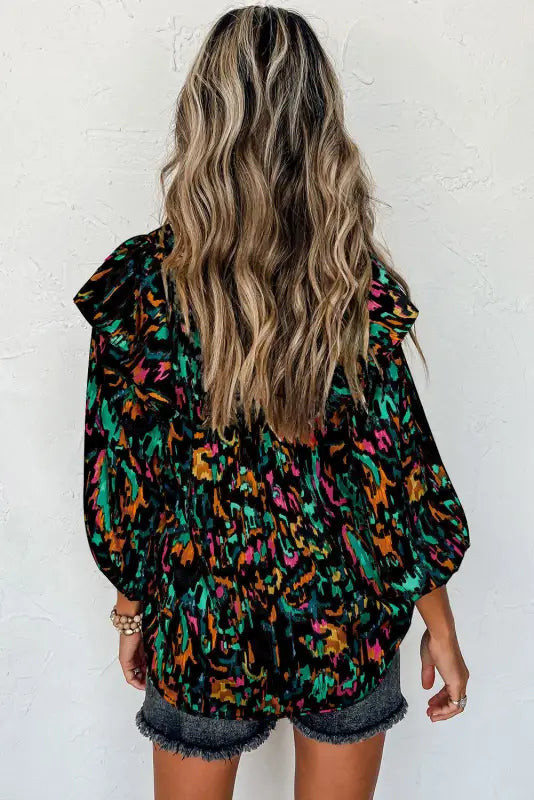 Abstract ruffle blouse - 3/4 puff sleeve - floral blouses