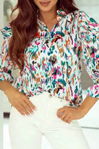 Abstract Ruffle Blouse - 3/4 Puff Sleeve - Fashionfitz
