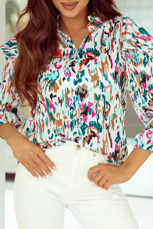 Abstract ruffle blouse - 3/4 puff sleeve - floral blouses