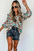 Abstract Ruffle Blouse - 3/4 Puff Sleeve - Fashionfitz