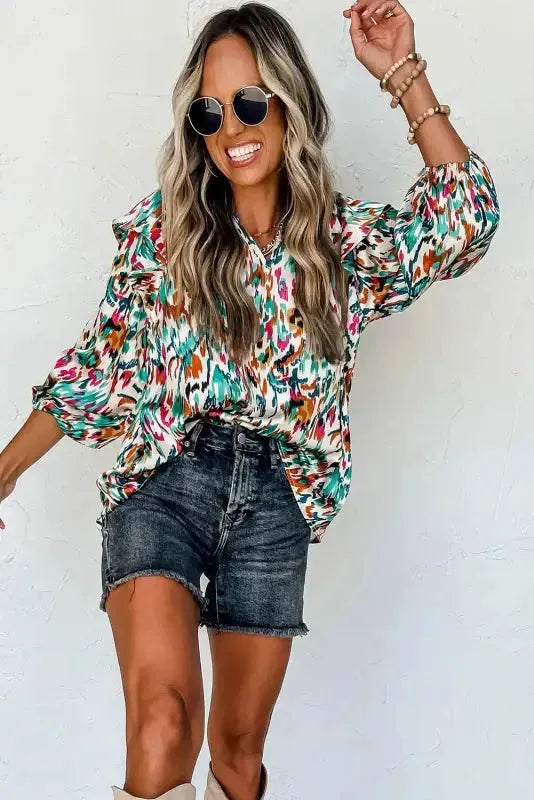 Abstract Ruffle Blouse - 3/4 Puff Sleeve - Fashionfitz