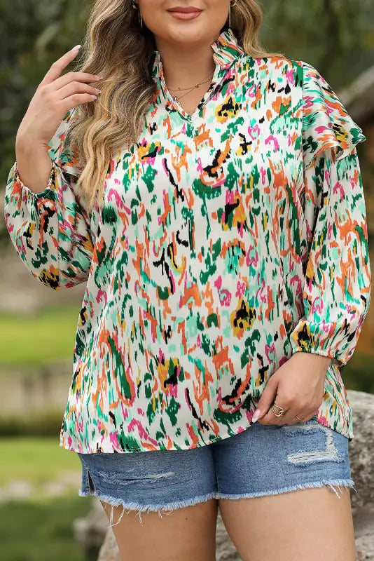 Abstract ruffle blouse - 3/4 puff sleeve - floral blouses