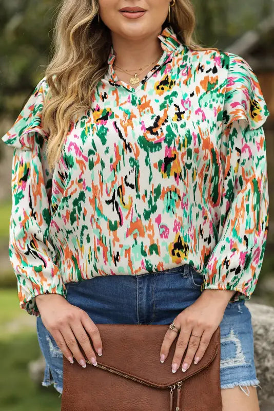 Abstract ruffle blouse - 3/4 puff sleeve - floral blouses