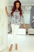 Abstract Ruffle Blouse - 3/4 Puff Sleeve - Fashionfitz