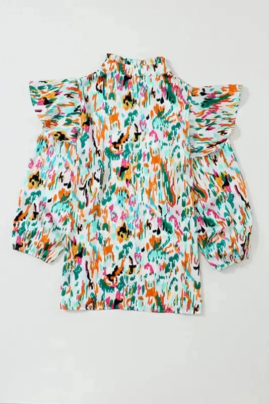 Abstract Ruffle Blouse - 3/4 Puff Sleeve - Fashionfitz