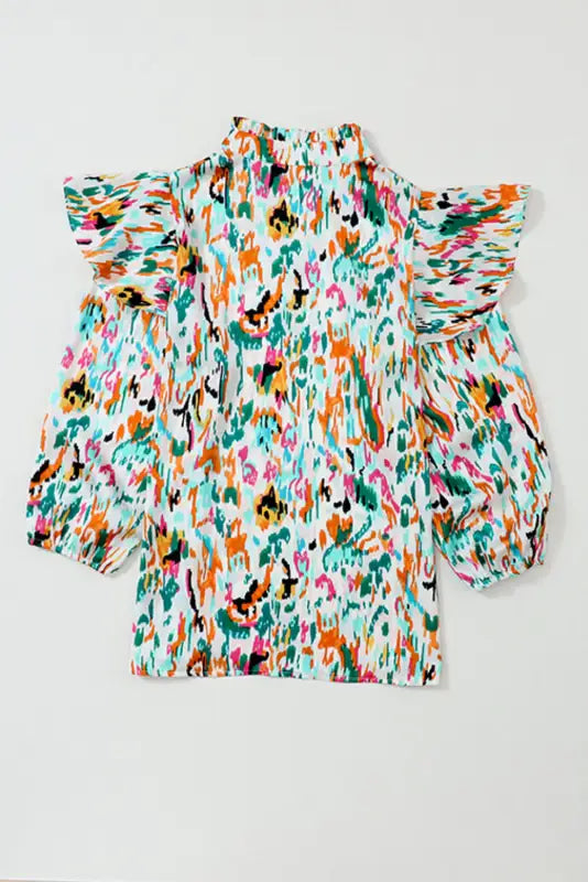 Abstract ruffle blouse - 3/4 puff sleeve - floral blouses