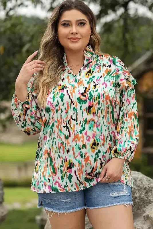 Abstract Ruffle Blouse - 3/4 Puff Sleeve - Fashionfitz