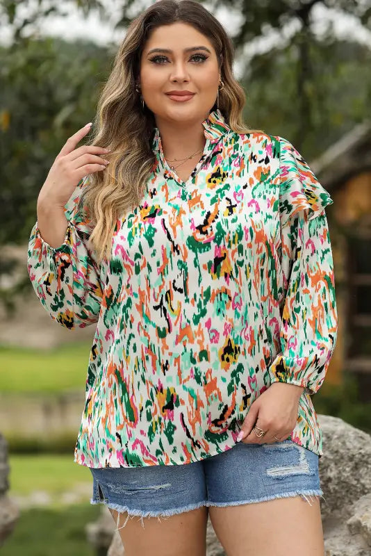 Abstract ruffle blouse - 3/4 puff sleeve - floral blouses