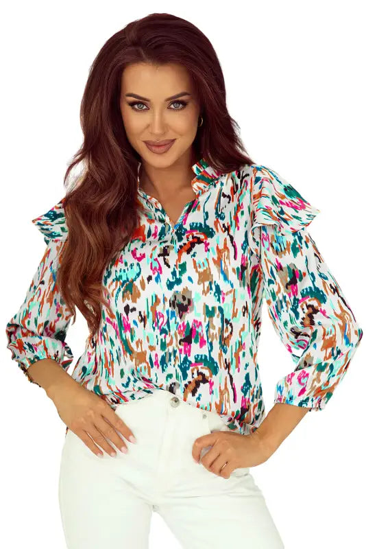 Abstract ruffle blouse - 3/4 puff sleeve - floral blouses