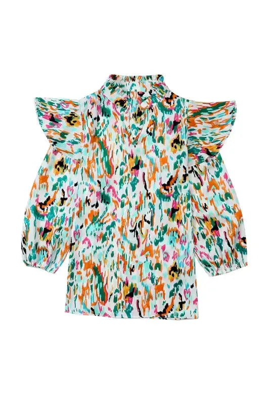 Abstract Ruffle Blouse - 3/4 Puff Sleeve - Fashionfitz